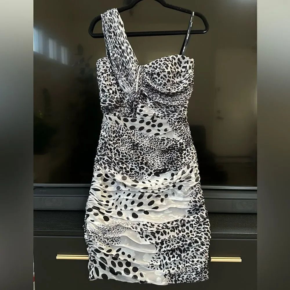 Tadashi Shoji Silk One Sleeve Animal Print Cocktail Dress Size 4